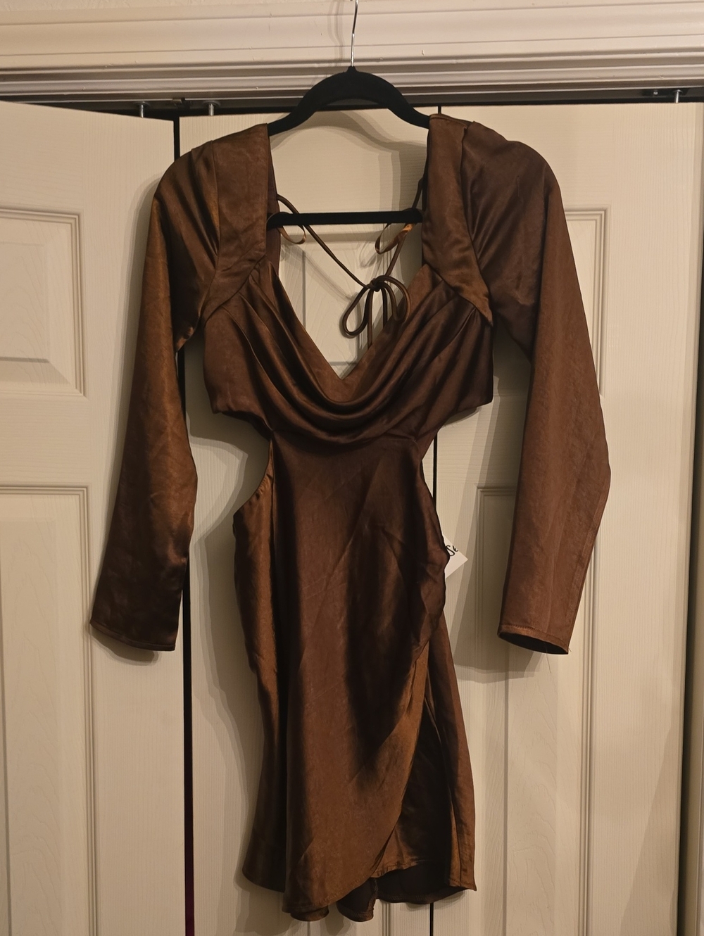 Shaken Not Stirred Cut-Out Waist Long Sleeve Pleat Mini Dress Chocolate